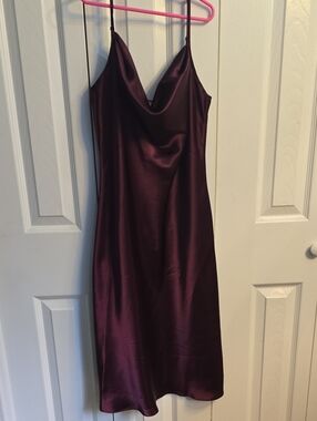 Satin Cowl Midi Slip Dress in Red Wine